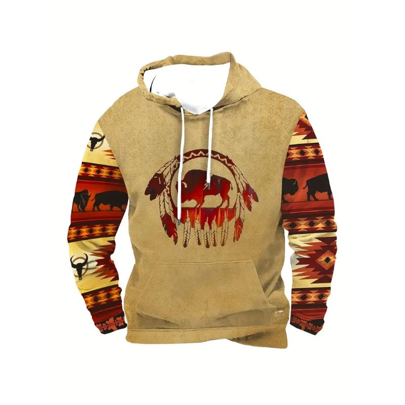 

Чоловіче вінтажне худі етнічного стилю з геометричним 3D-принтом, капюшоном, довгим рукавом, світшот оверсайз 5XL