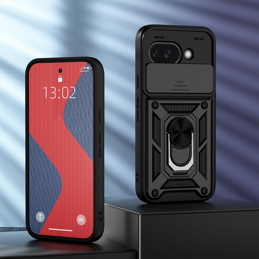 KEYSION Shockproof Armor Case for Google Pixel 9A Silicone+PC Slide Camera Lens Protection Ring Stand Phone Cover for Pixel 9A