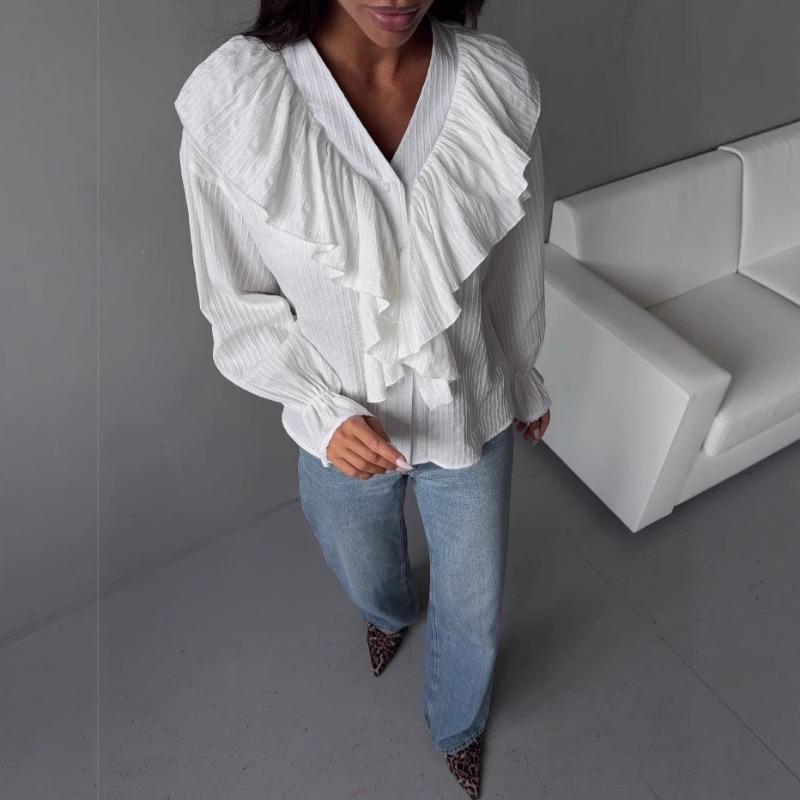 V Neck Ruffled Loose Women Shirt Fashion Long Sleeve Casual Blouse Sweet Office Tops Simple Spring Autumn Elegant Clothing