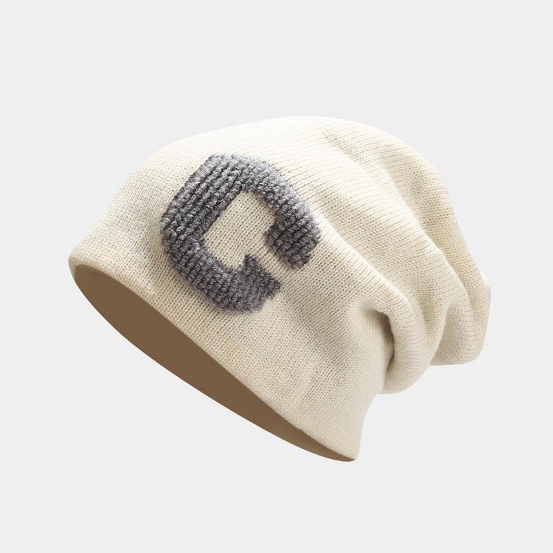 Autumn and winter big head circumference C letter loose knitted stacking hat women's trend ear protection headgear men's blue cold hat