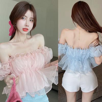 Women Short Puff Sleeve T-shirt Chiffon Short Puff Sleeves Breathable Apricot Sweet Square Neck Top