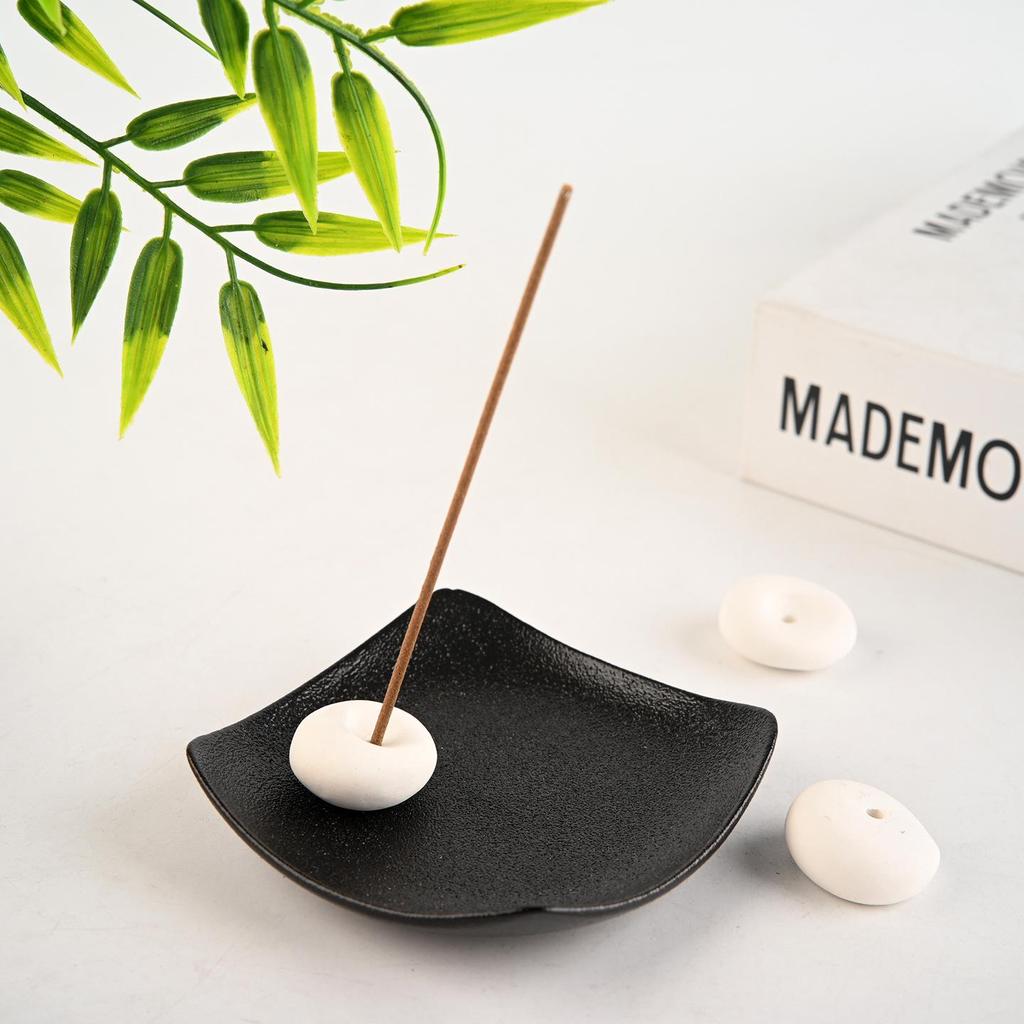 Black & White Wabi-Sabi Coarse Pottery Incense Holder - Simple & Elegant Sandalwood Stick Stand.