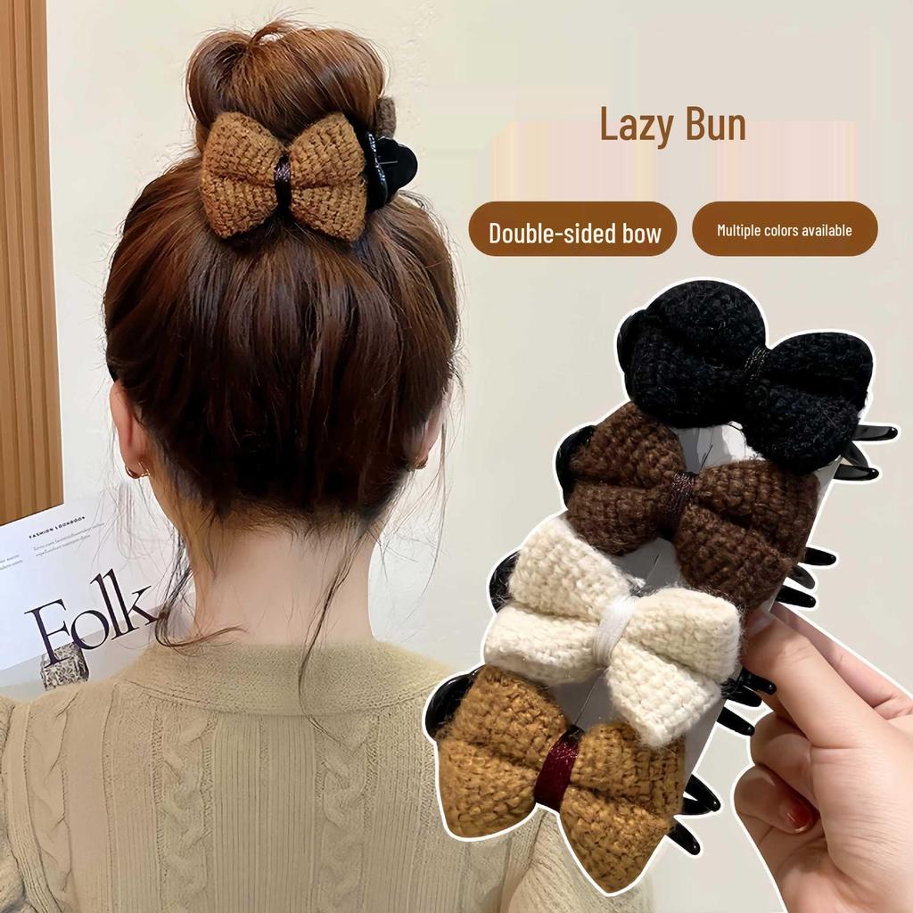 Autumn Winter Knit Bow Plush Hair Clip - Elegant Bun Accessory