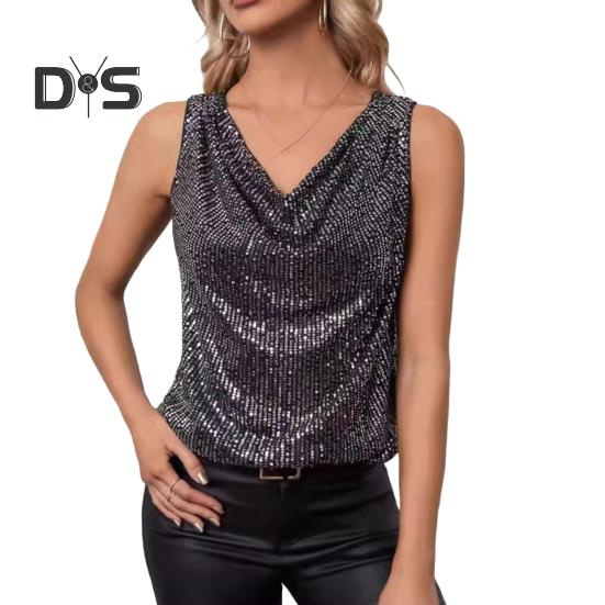 

Женские топы без рукавов с пайетками и V-образным вырезом, блестящие блузки, сексуальные топы на бретельках для коктейльной вечеринки, клубной одежды, вечеринки S чёрный