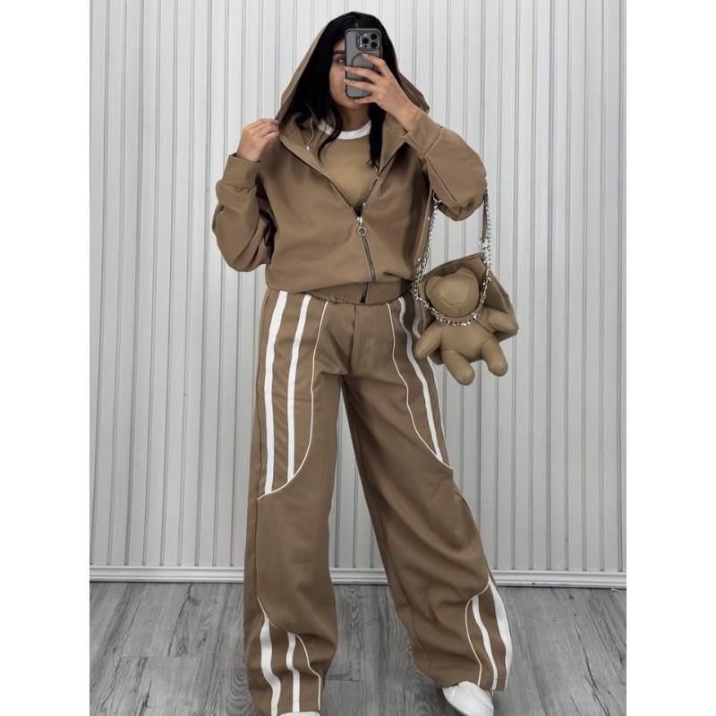 Womens Streetwear Hooded Two-Piece Set With Stripe Panel Detail Long Sleeve Open-Front Top Drawstring Pants