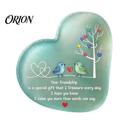 Decorative Ornament for Bedside Table Heart Shape Acrylic Friendship with Engraved Verse & Bird Tree, Desktop Meaningful Presents Colleague Art Decor
