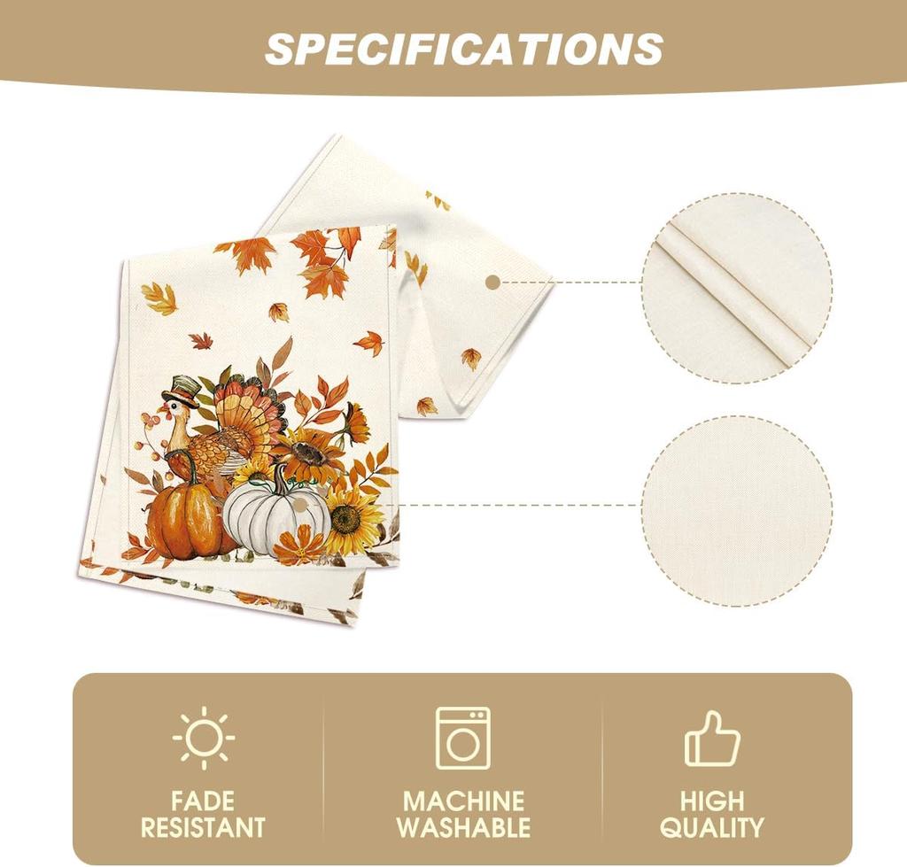 Fall Thanksgiving Turkey Sunflower Linen Table Runner Home Decor Reusable Autumn Kitchen Dining Table Runners Thanksgiving Decor