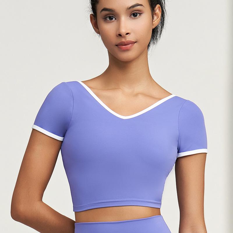 

Lycra Nude Feel Color-Block Yoga Tank Top with Built-in Bra Pads – Bodycon V-Neck Workout Tee. L