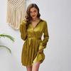 Spring and summer European and American long-sleeved Polo collar high waist lace-up fashion casual pleated women's dress women