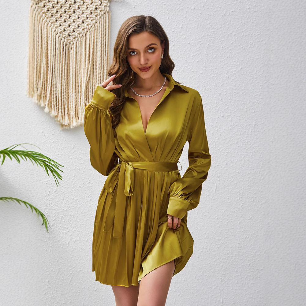 Spring and summer European and American long-sleeved Polo collar high waist lace-up fashion casual pleated women's dress women