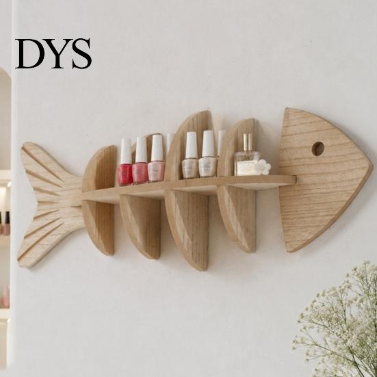 Small Apartment Space Saving Shelf Fish Bone Storage Rack, Wood Wall Mounted Floating Shelf, Ocean Style Bathroom Organizer for Aromatherapy