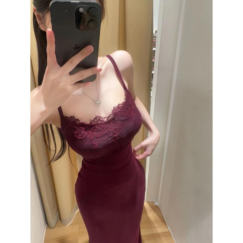 Women's Lace Trim Spaghetti Strap Bodycon Maxi Dress Elegant Slim Evening Party Gown