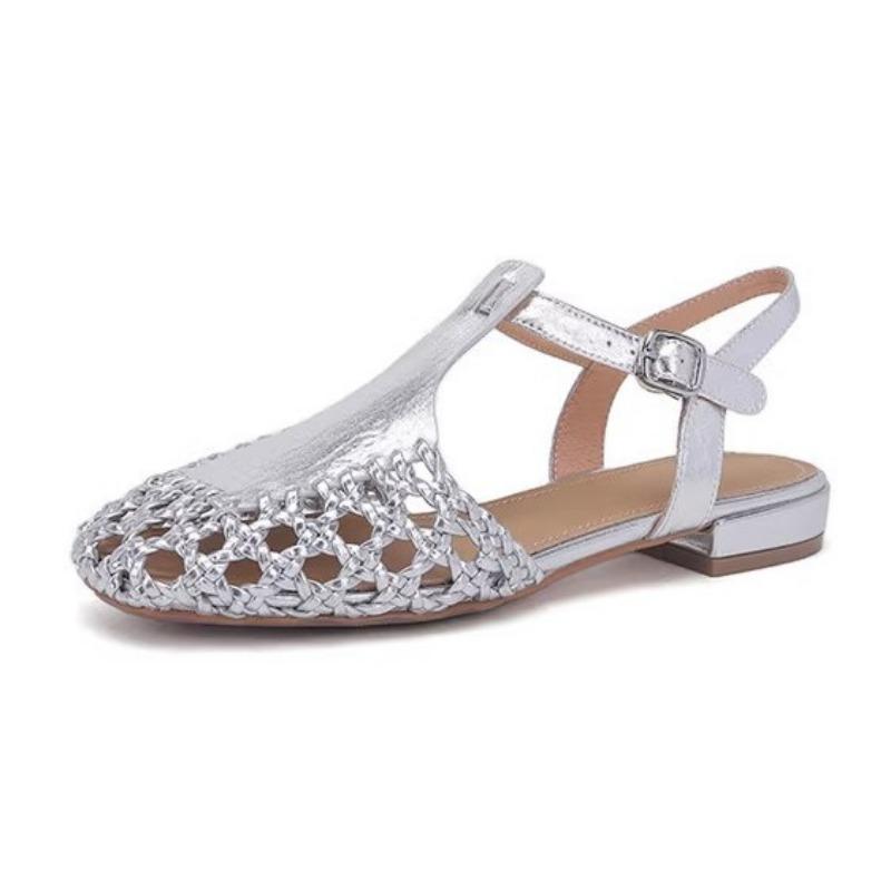Retro woven bag head hollow T-belt low-heeled sandals women's new summer comfort, sandals women's