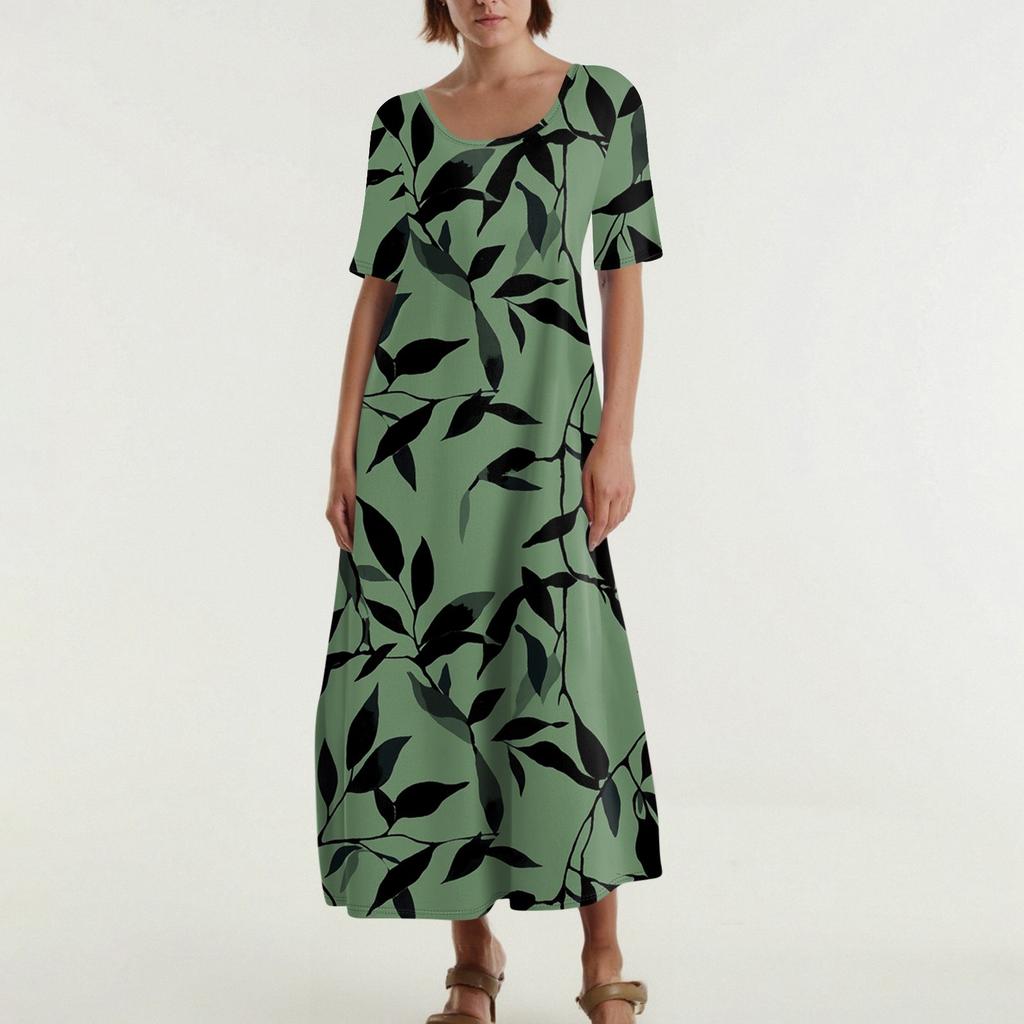 Damen Modischer Und Lässiger Langer Strandrock Rundhals Kurzärmelig Locker Retro-Print Kleid