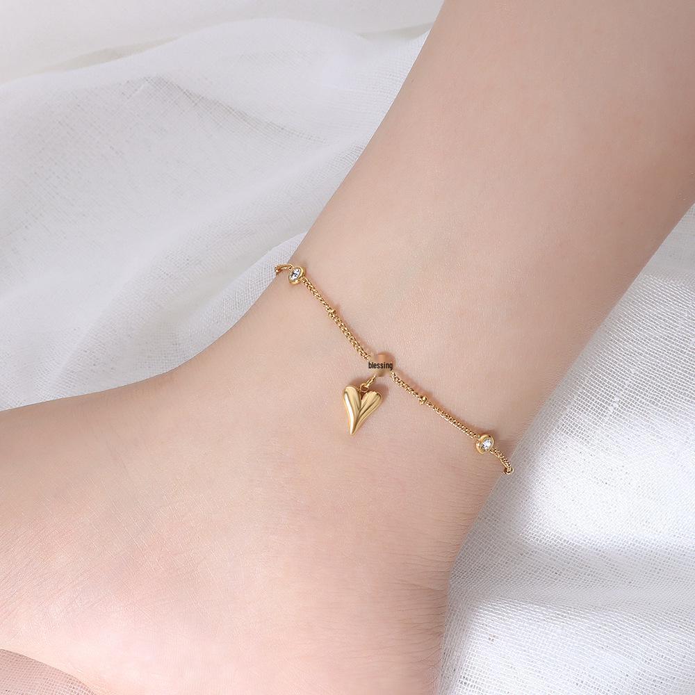 French Brand Niche Design: 18k Gold-Plated Titanium Steel Peach Heart Anklet with Zircon for Women