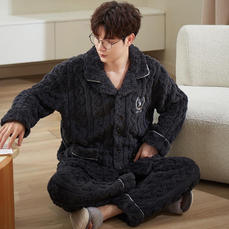 Herren Plüsch Dick Pyjama Set für Herbst/Winter – Warme Haus- & Outdoor-Bekleidung, Übergrößen verfügbar
