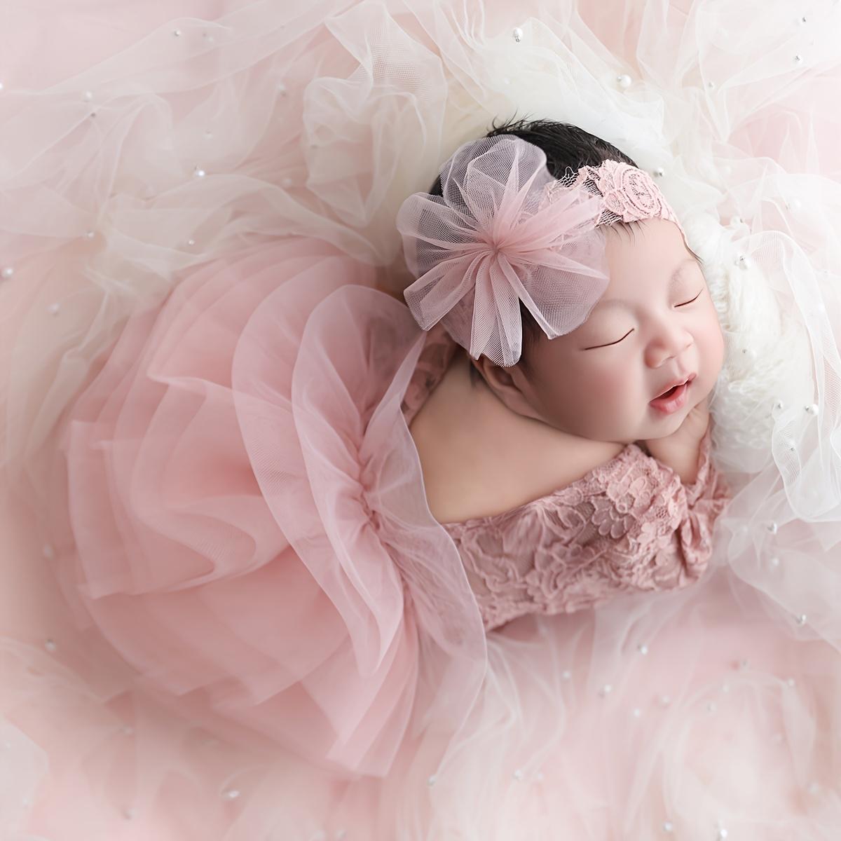 

2pcs Newborn Girl Lace Tutu & Headband Set - Pink Polyester Photography Outfit with Floral Accents Baby Photoshoots Photography POLYESTER