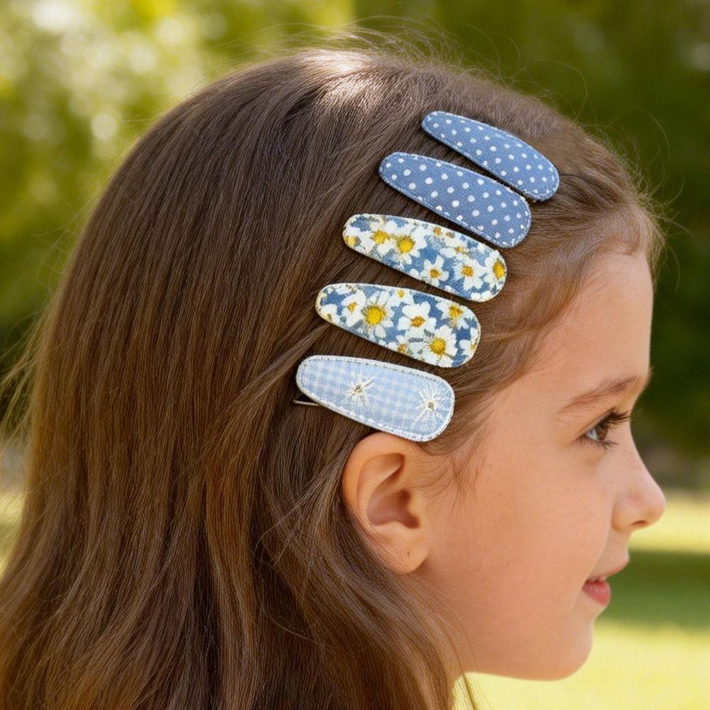 6 Pcs/Set Lovely 2inch Hair Clips Handmade Lace Embroidery Snap Clips Cotton Plaid Floral Print Hair Clamp Pins for Girl