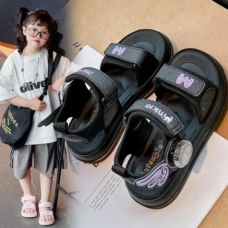 Children Open Toes Shoes with Rotating Button Sweet Wings 2025 Summer New Kids Beach Shoes Soft Sole Sandals Non-slip Trendy