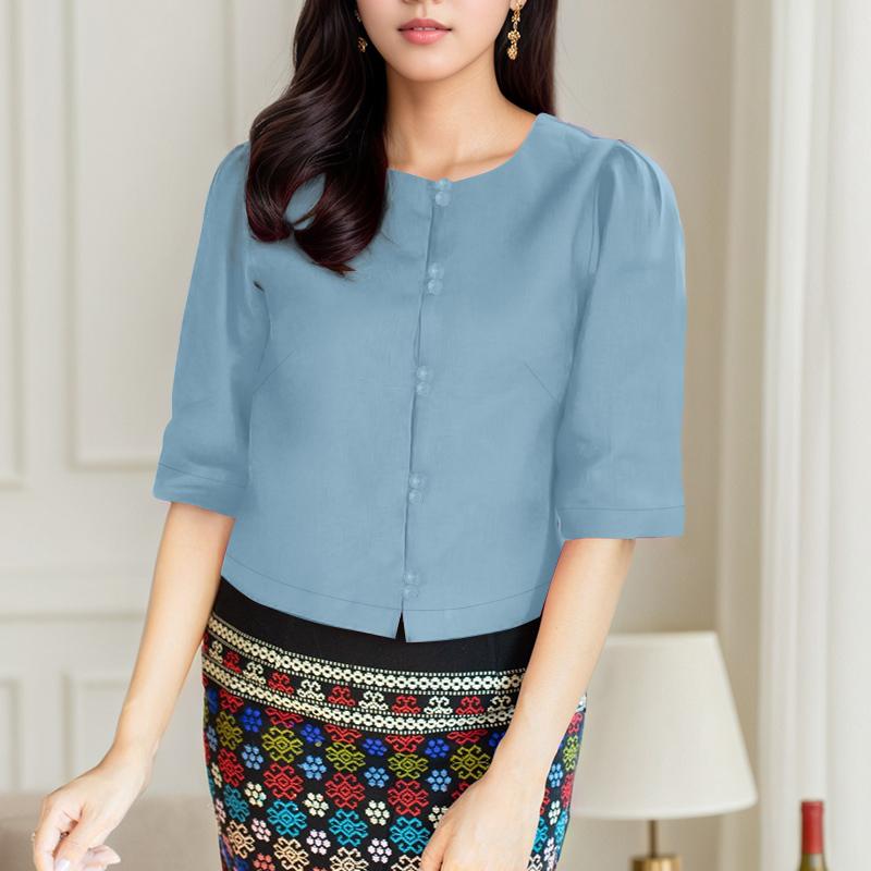 ZANZEA Women Casual Round Neck 3/4 Sleeve Summer Plain Blouse