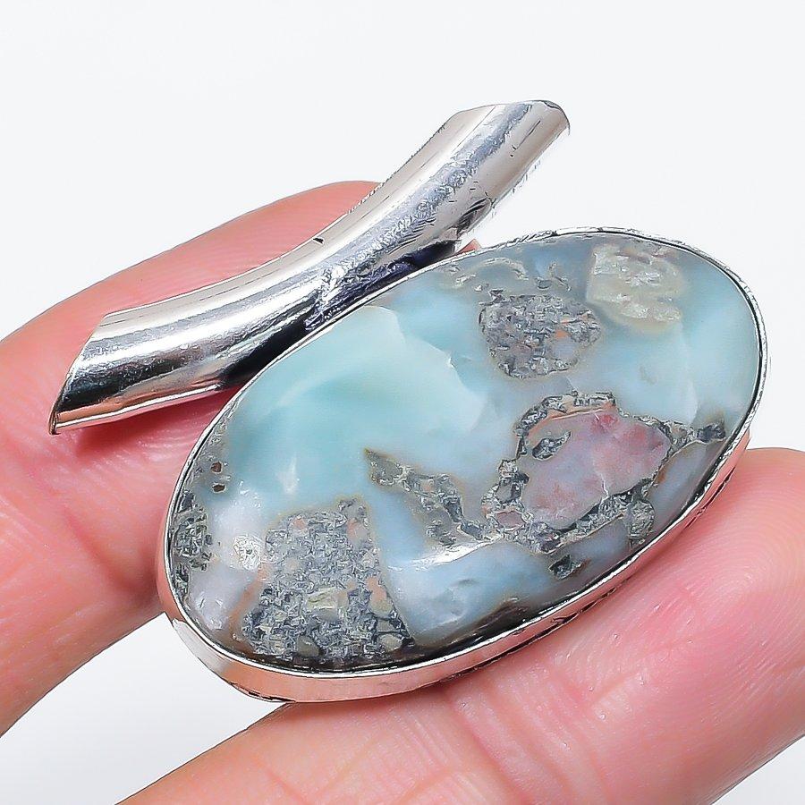 Larimar Gemstone 925 Sterling Silver Jewelry Pendant 1.18"