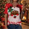 Women's Christmas Printed V-Neck Short Sleeve Button T-Shirt Casual Holiday Top