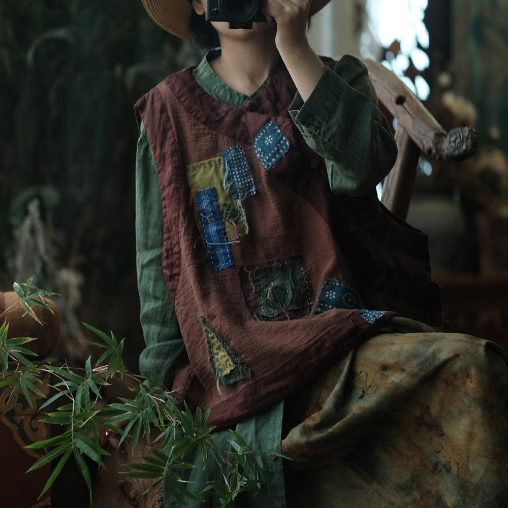 Johnature Veste de damă vintage, paltoane patchwork colorate, toamnă, cu nasturi, gât O, fără mâneci, largi
