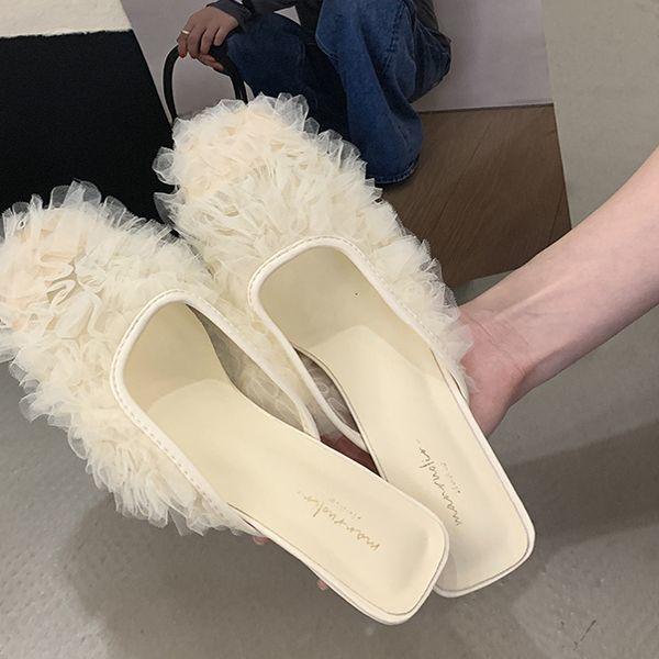 Korean Version of Lace Princess Shoes, Mesh Yarn, Breathable Square Head Low-heeled Shoes, Wearing Bag Head and Half Slippers, Lazy Dragging Fair