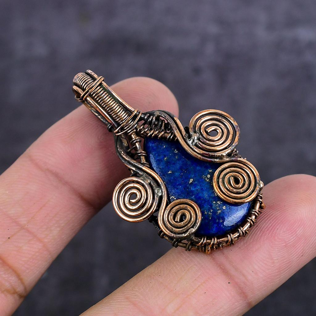 Přírodní Lapis Lazuli Drahokam Měděný Drát Ovinutý Šperk Přívěsek 1.85" p2E01