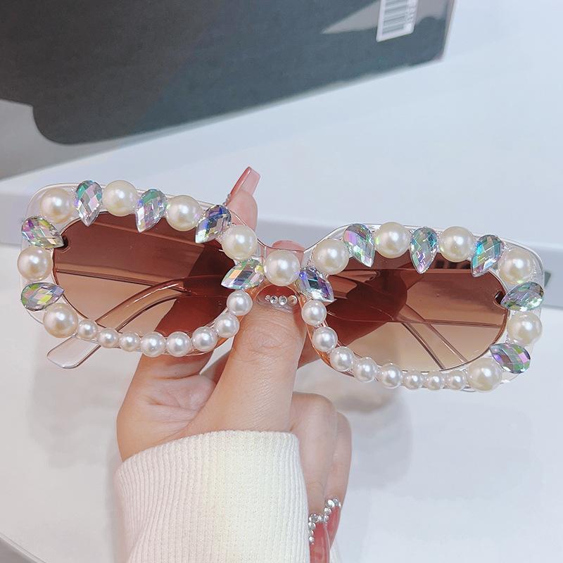Pearl Sunglasses Women, Temperament Personality Diamond-Set Square Glasses, Hip-Hop Sunglasses