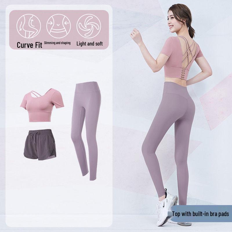 Women's Red Short Sleeve Slimming Yoga Top & Quick-Dry Running Fitness Set