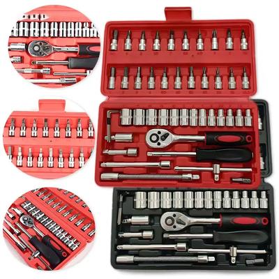 46pcs Multi-Functional Red Black Carbon Steel Hand Ratchet Wrench Set OEM Combination Household Hardware Repair Durable