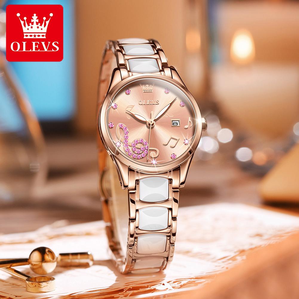 OLEVS Brands Fashion Rhinestone Quartz Watch for Women Luxury Ceramic Strap Waterproof Calendar Ladies Wirstwatch Reloj Mujer