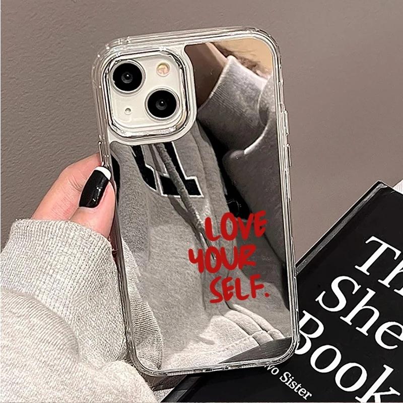 

Red Letter Love Yourself Makeup Mirror Phone Case For iPhone 17 AIR 16 15 14 13 12 11 PRO MAX PLUS Y2K Bumper Red Quote Cover iPhone17 Pro