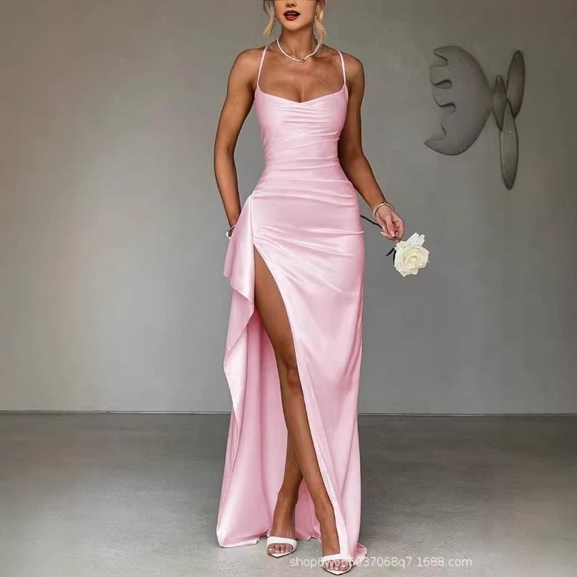 Vestido de verano europeo y americano nuevo, elegante y moderno, de color liso, con tiras, abertura larga, hombros descubiertos para mujer