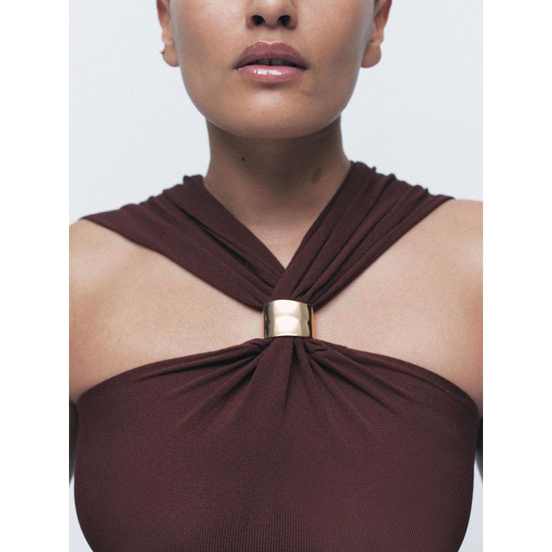 Za2025 Spring New Women's Clothing Silm Gold Inlaid Wide Shoulder Strap Hanging Collar Knitting Tops 4938116