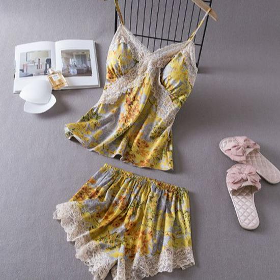 Summer Lace Camisole Nightgown with Removable Pads - Women's Sexy Ice Silk Pajamas
