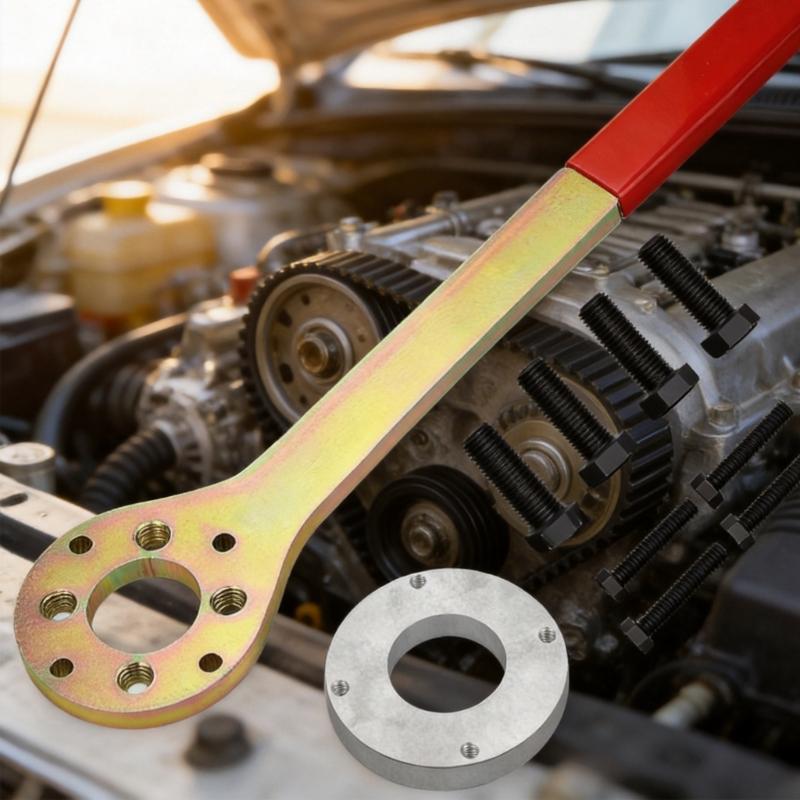 Pulley Service Set for Engine Maintenance, Steel Bar With Round Plate, Extended Handle, Red Grip and Eight Threaded Bolts for Repair Work