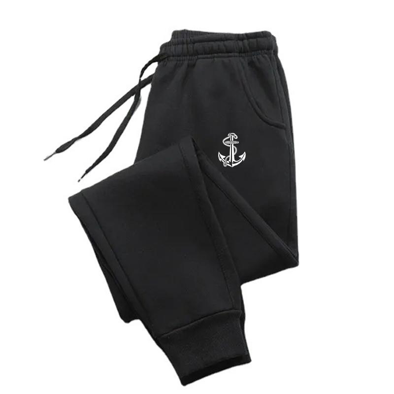 Sea‑graph Men Sweatpants Front Solid Leg Decor Print, Retro Nautical Anchor Badge Pattern Joggers for Cozy Weekend Outdoor Activities