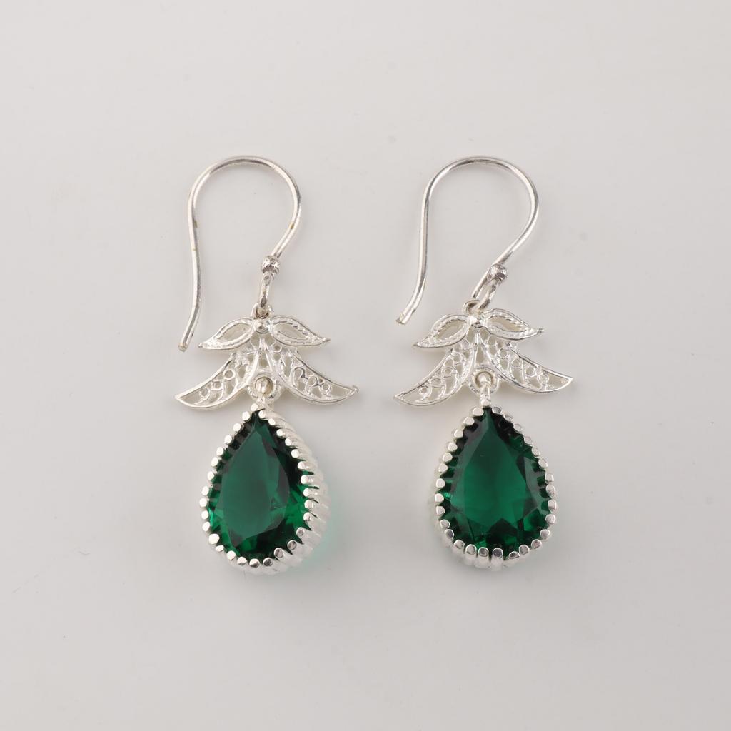 Bijoux Boucles d'Oreilles Crochets Faits Main en Argent Sterling 925 Pierre Précieuse Émeraude Verte 1.84" CE-27-12