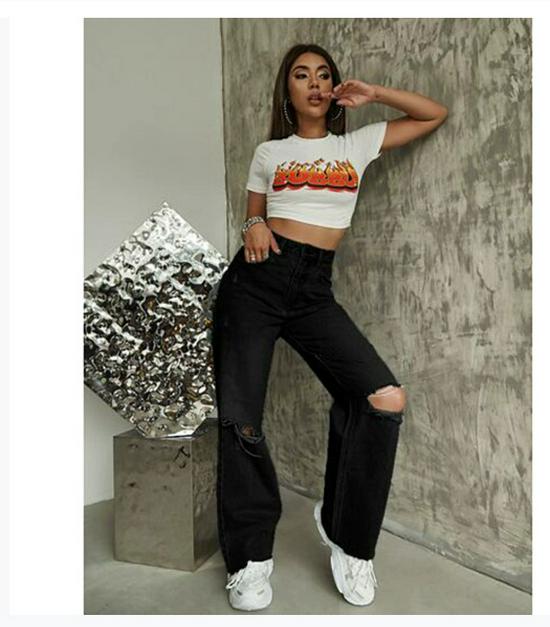 Available Women s Retro Ripped Wide-Leg Floor-Length Denim Jeans Large чёрный