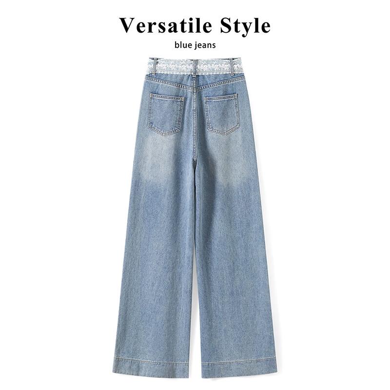 Women's Lace Belt High-Waist Wide-Leg Denim Jeans