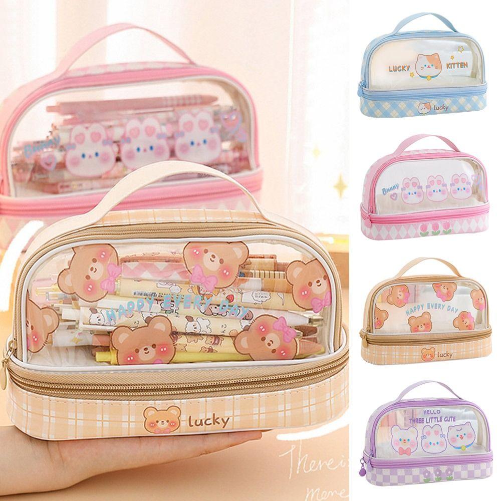 

Kawaii Double Layer Pen Bag Cartoon Rabbit Bear Pencil Case Stationery Organizer Large Capacity