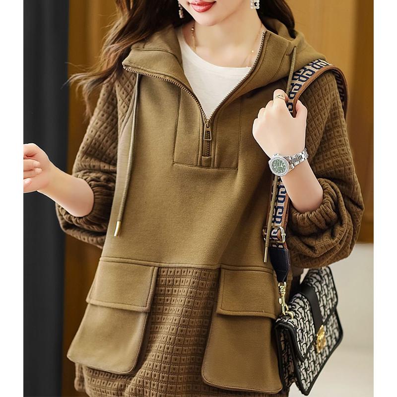 Damtröja Höst och vinter Nytt mode koreanskt temperament Färg Kollision Skarvning Huvtröja med dragkedja Kvinna