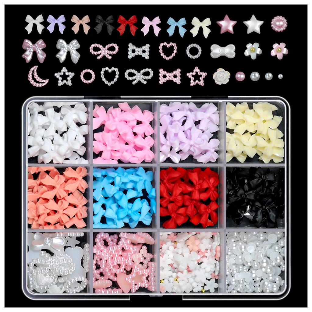 1 Box Colorful Mixed Nail Charms 3D Bowknot Flower Star Pearls Rhinestone Nail Art Decorations DIY Manicure for Nail Salon