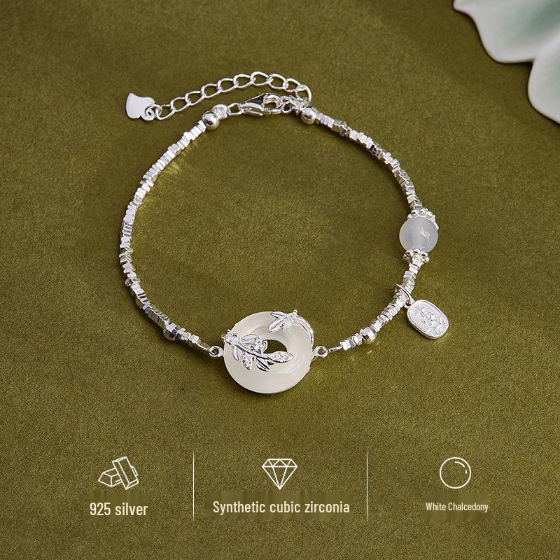 Bransoletka damska ze srebra próby S925 z białym chalcedonem i zapięciem zabezpieczającym - Ekskluzywna biżuteria wysokiej klasy, Idealna na prezent na Qixi Walentynki