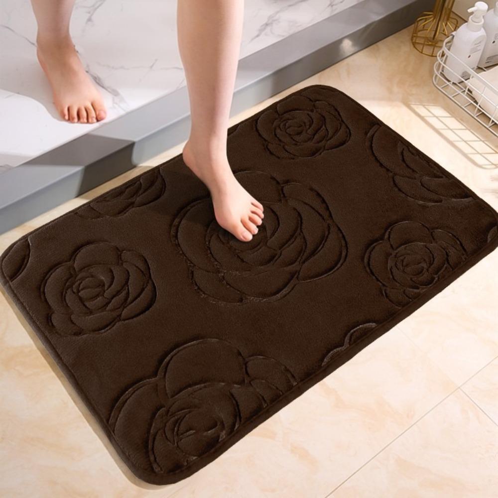 Machine Washable Rose Pattern Floor Mat Square Non-Slip Mat Coral Velvet Carpet  Bathroom