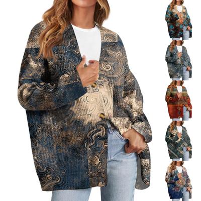 Damesmode Lange Mouw Kerstprint V-Hals Knoop Los Vest Top