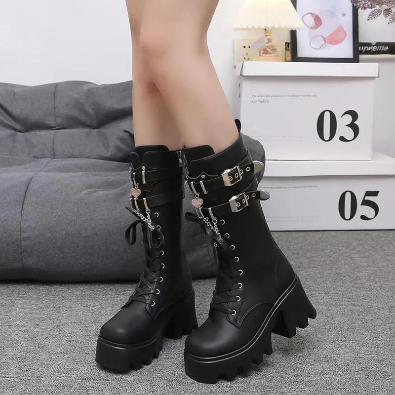 Fashion Women's Punk Gothic Boots Fashion Buckle Chain High Heels Mid Calf Boots Women Black Pu Leather Plus Size 42 Autumn Botas