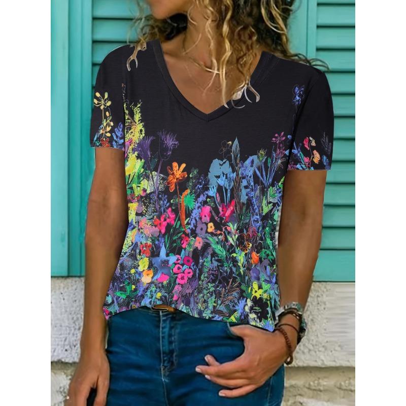 Women's Floral Print V-Neck T-Shirt Y2k Fashion Casual Short-Sleeved Blouse Street Oversized Women's Summer Clothing